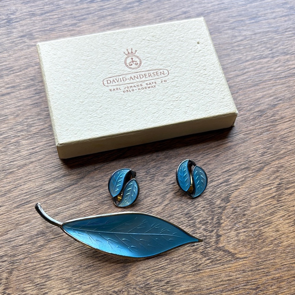 David-Andersen Blue Enamel Leaf Brooch & Clip-On Earrings Set